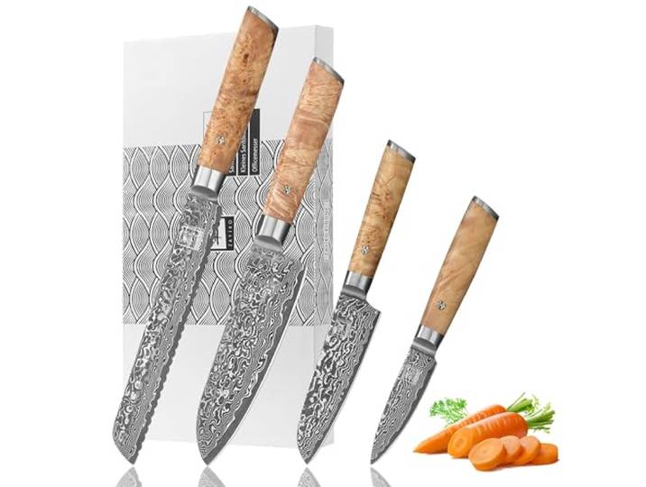 zayiko Kinone Damastmesser-Set 4-teilig, 67 Lagen Damaststahl mit VG10-Kern Brotmesser mit Wellenschliff, 2 Santoku & Officemesser; Birkenwurzelholzgriffe, 3 glatte Klingen mit 15° V-Schliff, 60±2 HRC.