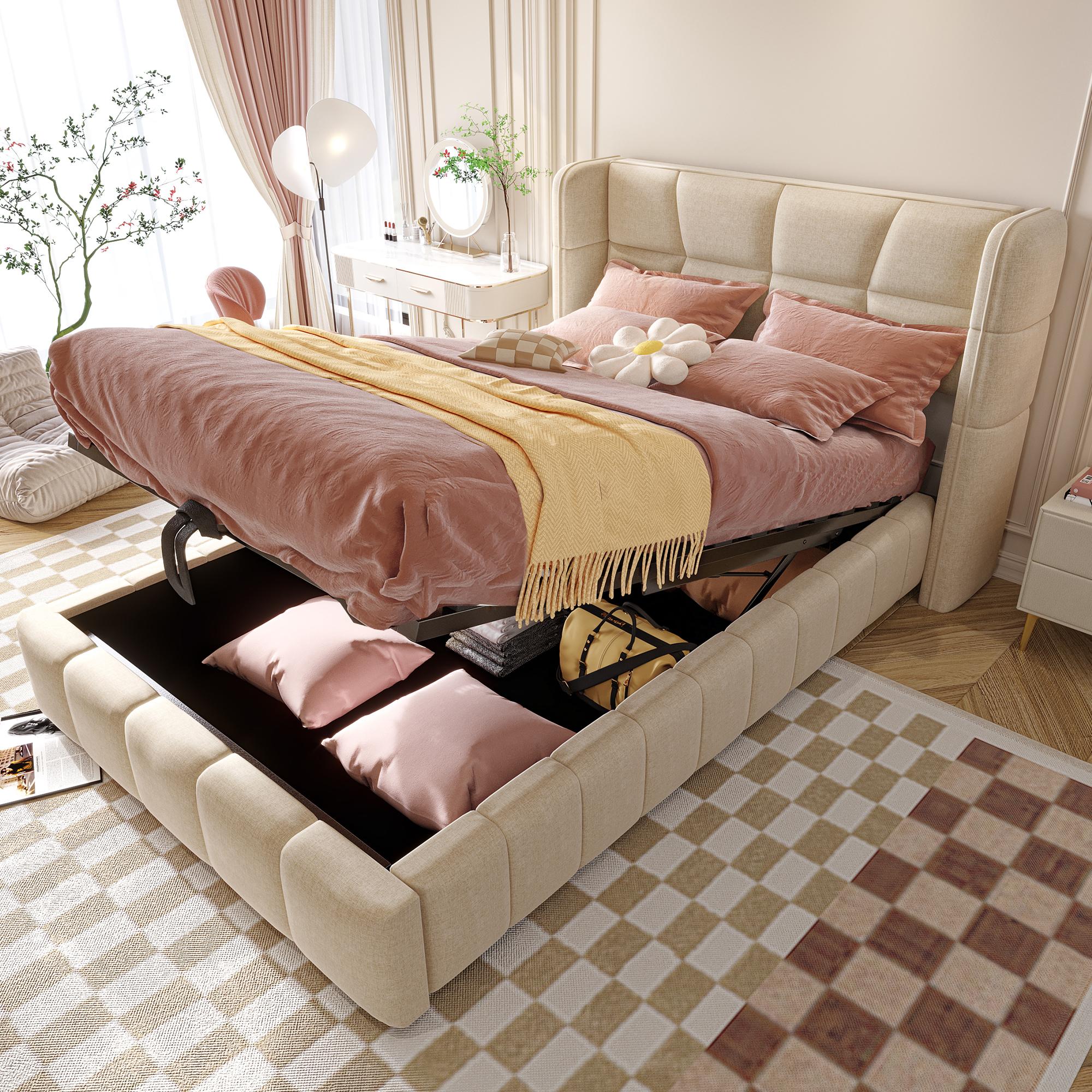 Polsterbett 90 x 200 cm, Kinderbett mit Lattenrost, Kopfteil und pmatischem Stauraumsystem, Leinenrahmen, geeignet für Kinder und Jugendliche