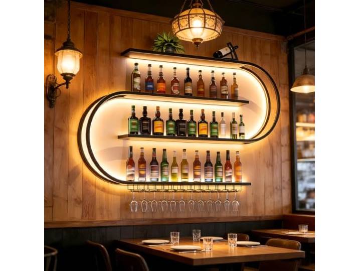 150 cm Wand‑Weinregal aus Eisen, 4‑Ebenen Wand Weinhalter mit Gläserhalter Modern geschwungenes Design, platzsparend, einfache Wandmontage für Wohnzimmer, Küche, Bar und Restaurant