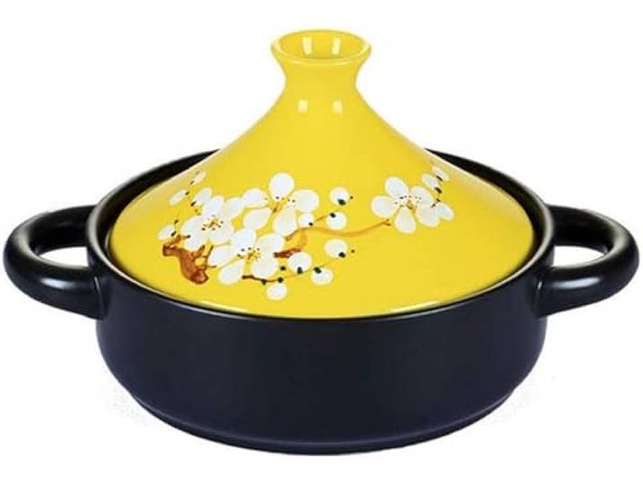 1,5L Tagine Topf, handbemalte Tagine Topf Haus Keramik Kochgeschirr bleifrei Eintopf Auflauf Slow Cooker mit Griff Antihaft-Kochtopf, gelb