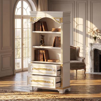 FUFU&GAGA Provincial Storage Cabinet with Drawers, White Display Bookcase ,Solid Wood Carved Details, Elegant Freestanding Organizer