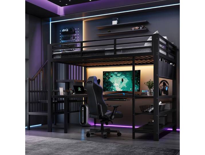 Lit Mezzanine Gaming Noir - Design Gaming Escalier Bureau Intégré Tiroir Clavier Éclairage LED - Métal et Bois - 120 x 200 cm