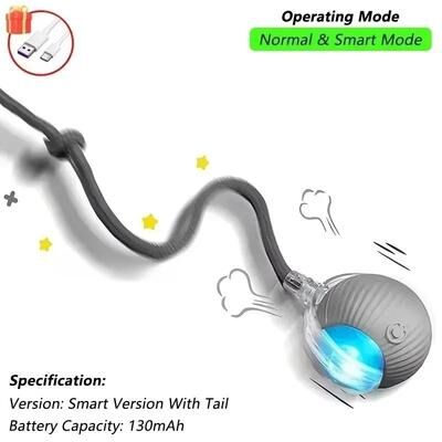 Inspired Finds Rechargeable Smart Rolling Cat Ball With Moving Tail Interactive Toy grey