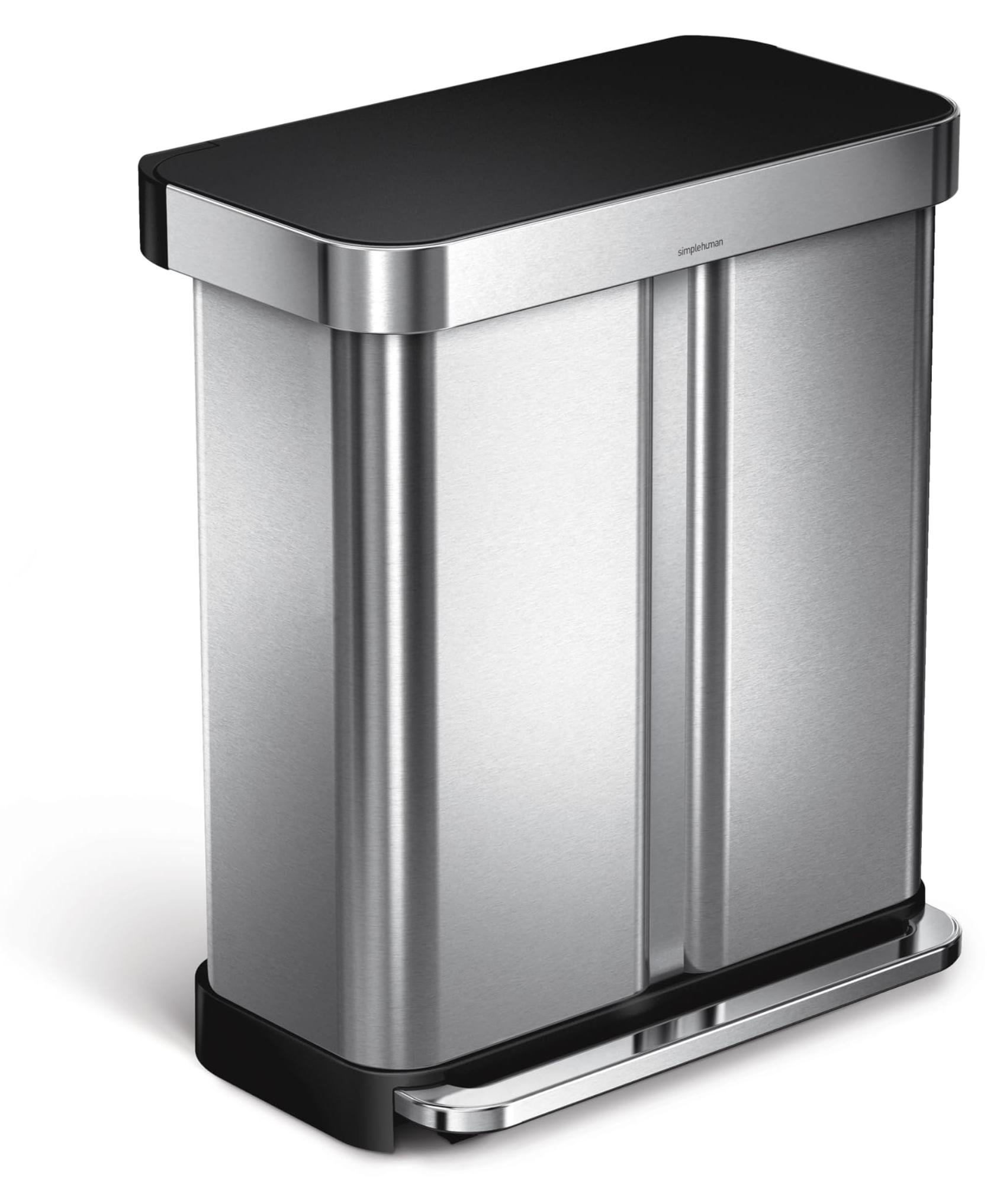 simplehuman Rechteckiger Recycling-Doppel-Küchen-Treteimer mit Müllbeutel, leise