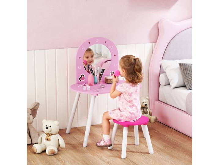 AIYAPLAY Coiffeuse Enfant Rose avec Tabouret et Miroir