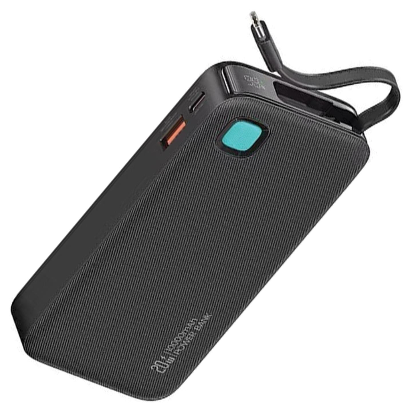 USAMS Powerbank XY serie met intrekbare USB-C kabel, 10000 mAh, 20W PD snelladen, zwart