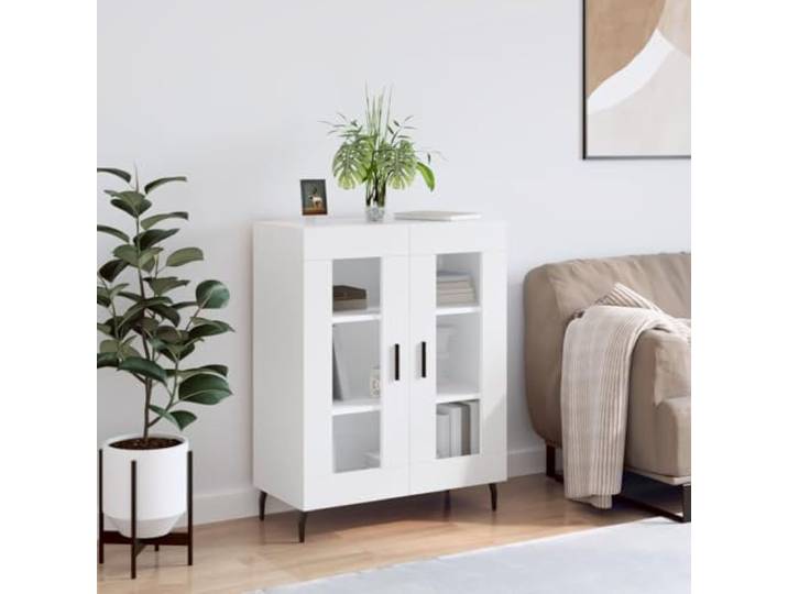 HEFZGDB Zeitloses Sideboard zur Aufbewahrung und Präsentation, klassisches Sideboard mit Glasfront in Weiß, weißes mit Glastüren aus Holzwerkstoff und Metallfüßen