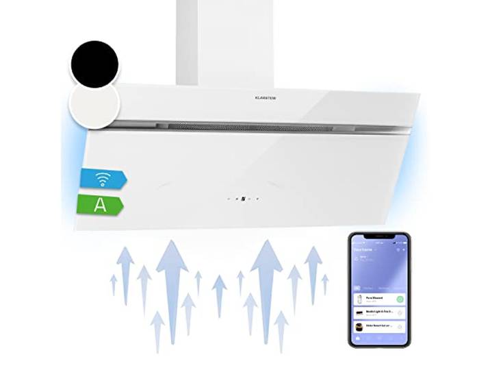 Klarstein Alina Dunstabzugshaube - 90cm Kopffreihaube, 615 m³/h, Energieeffizienz A, LED-Beleuchtung, Geräuscharm 54 dB, Abluft & Umluft, Intelligente Steuerung, Weiß