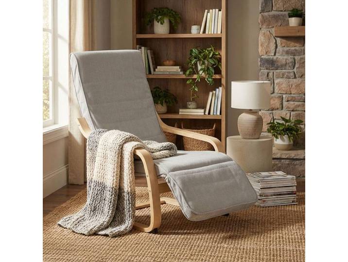 Fauteuil relax avec repose-pieds Côtelé Gris Fauteuil relaxant Naturelle Chaise longue en bois Fauteuil confort