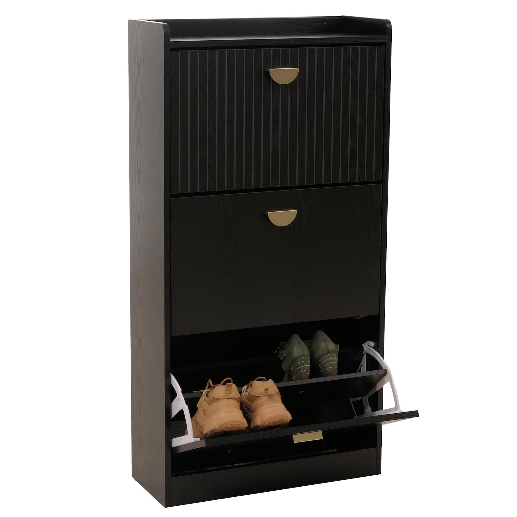 Schuhschrank MCW-O39, Schuhkipper Schuhregal 3 Klappen Klappfächer MDF Melamin Metall 117x60x24cm ~ Holzoptik schwarz