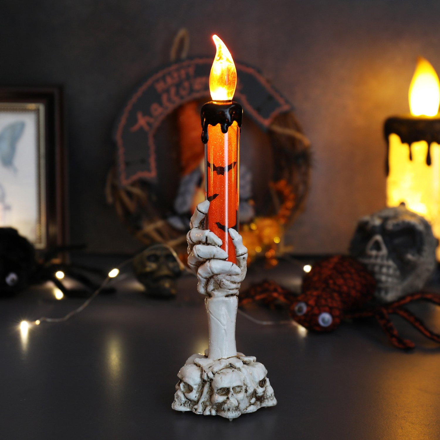 SKIEHAN Elektronische kaarslamp met spookhandmotief, Halloween-decoratie, groot, oranje