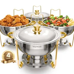 VEVOR Chafing Dish Buffet Speisenwärmer mit 4 Behältern in voller Größe (4,7 L pro), runder Catering-Wärmespender mit Deckel & Wasserpfanne & klappbarer Ständer, für Hochzeiten Partys Golden