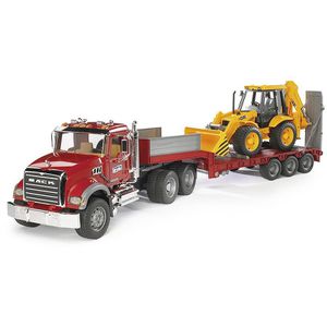 bruder 02813 Baustellenfahrzeug MACK Granite & JCB 4CX, Tieflader mit JCB Baggerlader, Maßstab 1:16