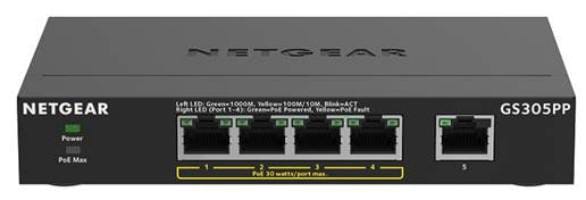 NETGEAR 5-Port Gigabit Ethernet Unmanaged PoE+ Switch (GS305PP): mit 4 PoE+ bei 83 W, Desktop- oder Wandbefestigung GS305PP-300EUS