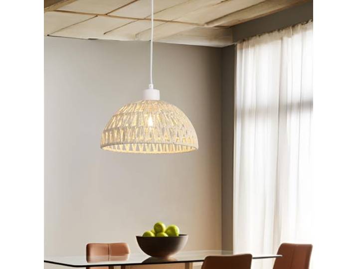 lux.pro Hängelampe Alton Hängeleuchte 1 x E27 Lampenschrim aus Rattan Metall Pendelleuchte 156 cm höhenverstellbar Pendellampe Weiß