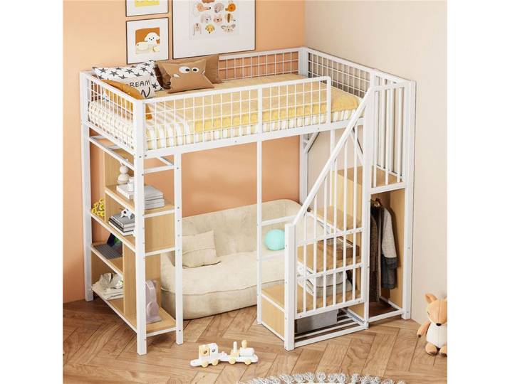 lit mezzanine 1 place 90x200 adulte en metal avec rangement casier escalier lit mezzanine multifonction pour studio blanc