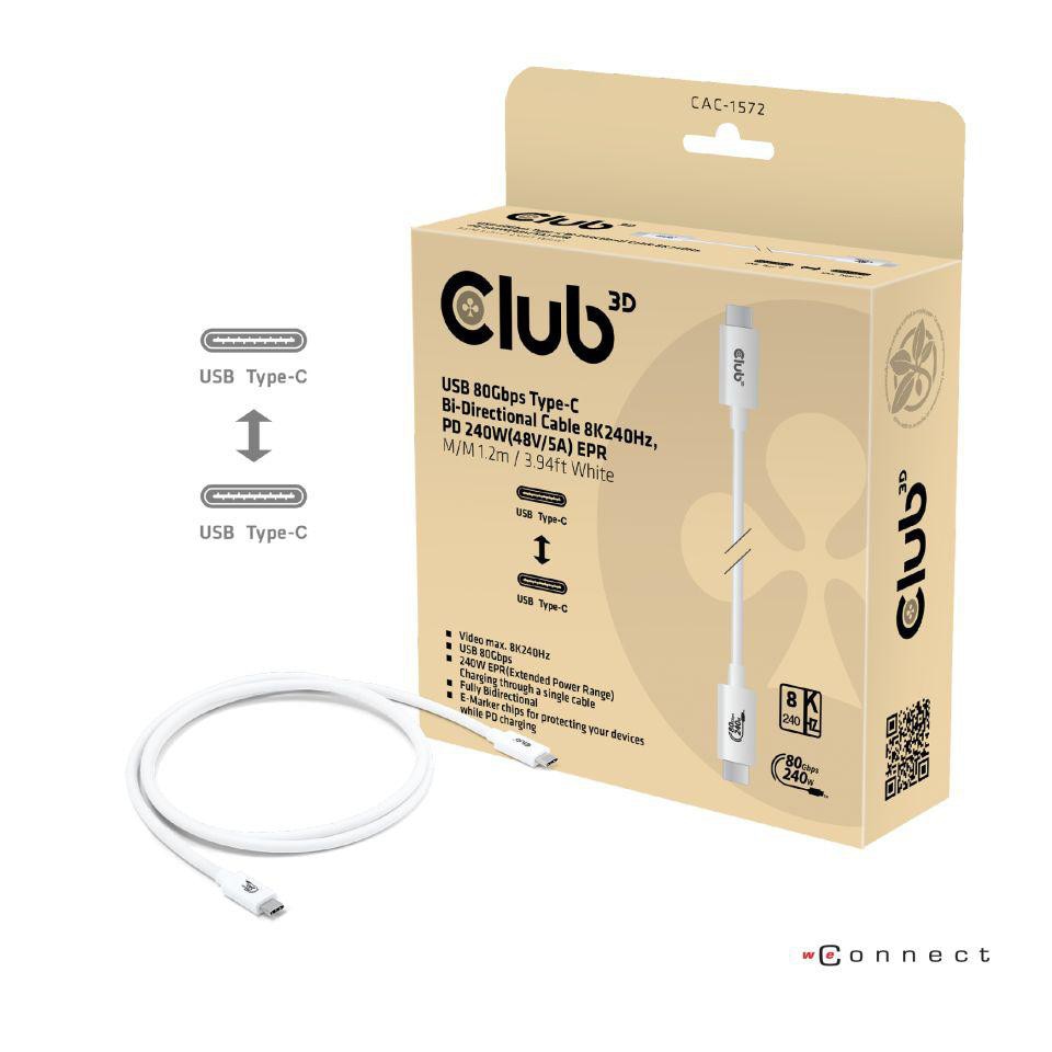 Club 3D Typ-C zu Typ-C Kabel 80Gbps Zertifiziertes 240W 8K240Hz 1.2m weiß