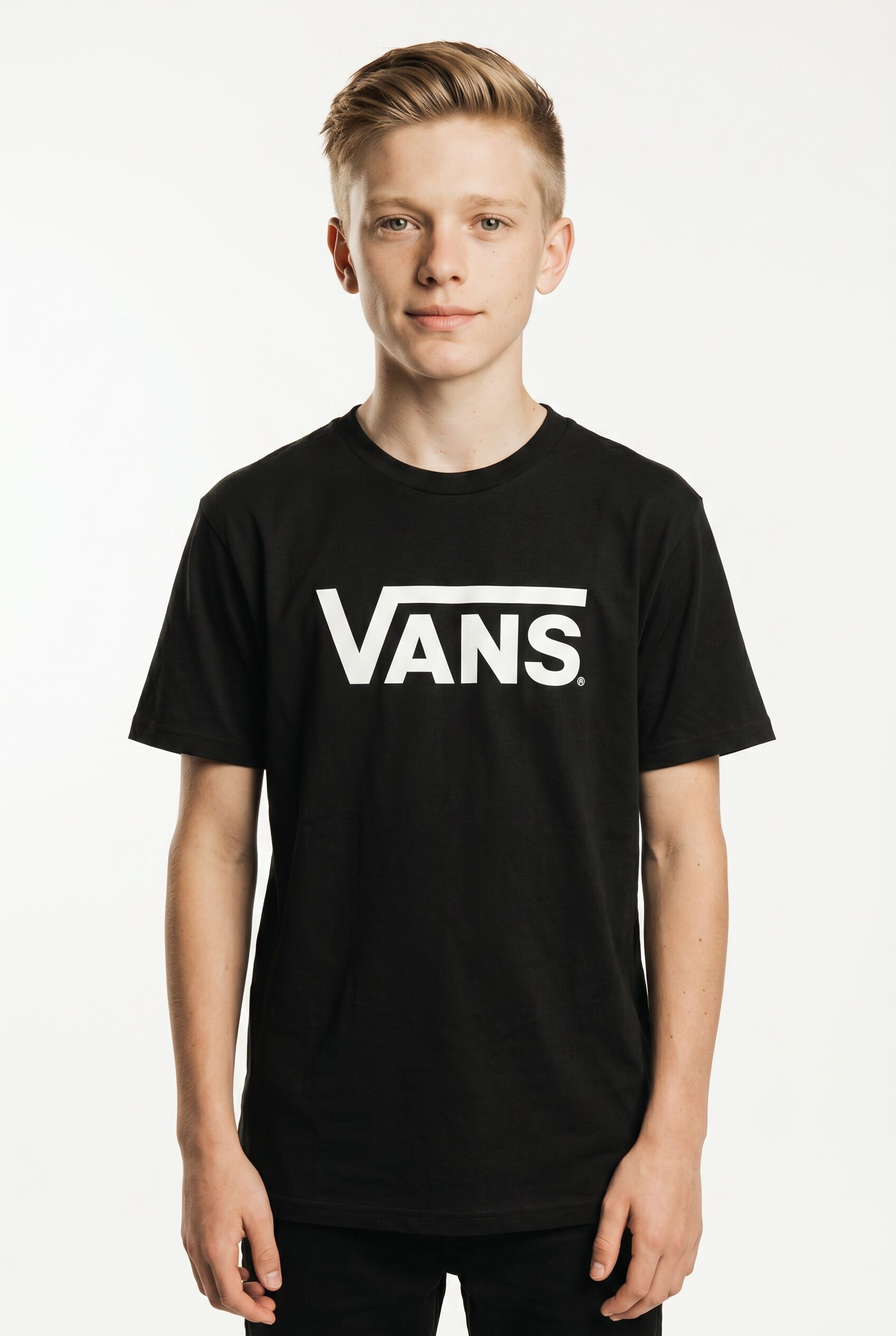 T-Shirt VANS "Stretch Logo SS", Jungen, Gr. 2, schwarz, Jersey, Obermaterial: 100% Baumwolle, unifarben, Basic normal, Rundhals, Shirts T-Shirt, für Kinder, mit Logodruck, Kurzarmdesign, aus Baumwolle schwarz 2