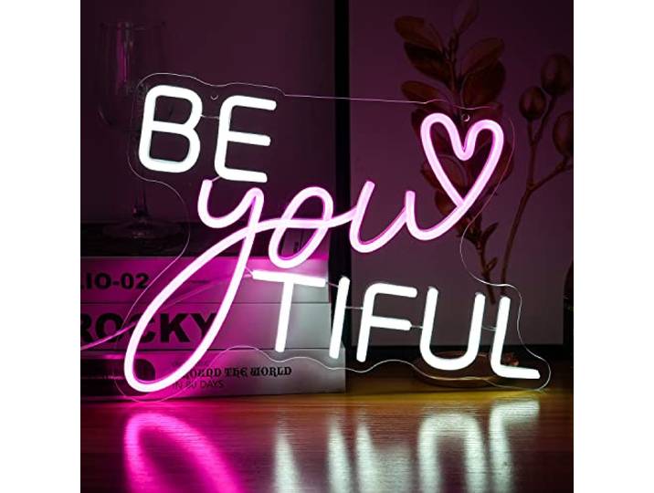 Be Your Tiful Neonschild, dimmbar, Buchstaben, Neonschilder, Weiß, Rosa, dekorative Lichter, betrieben, USB, mit Schalter für Schlafzimmer, Kinderzimmer, Geschäft, Wohnung, Party, Hochzeit (39x30 cm)