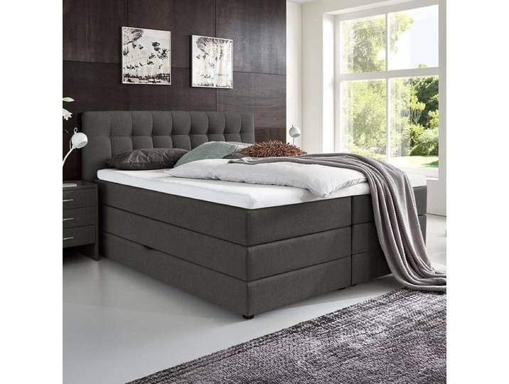 HOMELIV. Boxspringbett Luciano Webstoff mit Bettkasten 180x200cm Bonellfederkern-Box Härtegrad: H3 Dunkelgrau klassischer Stil, Mit