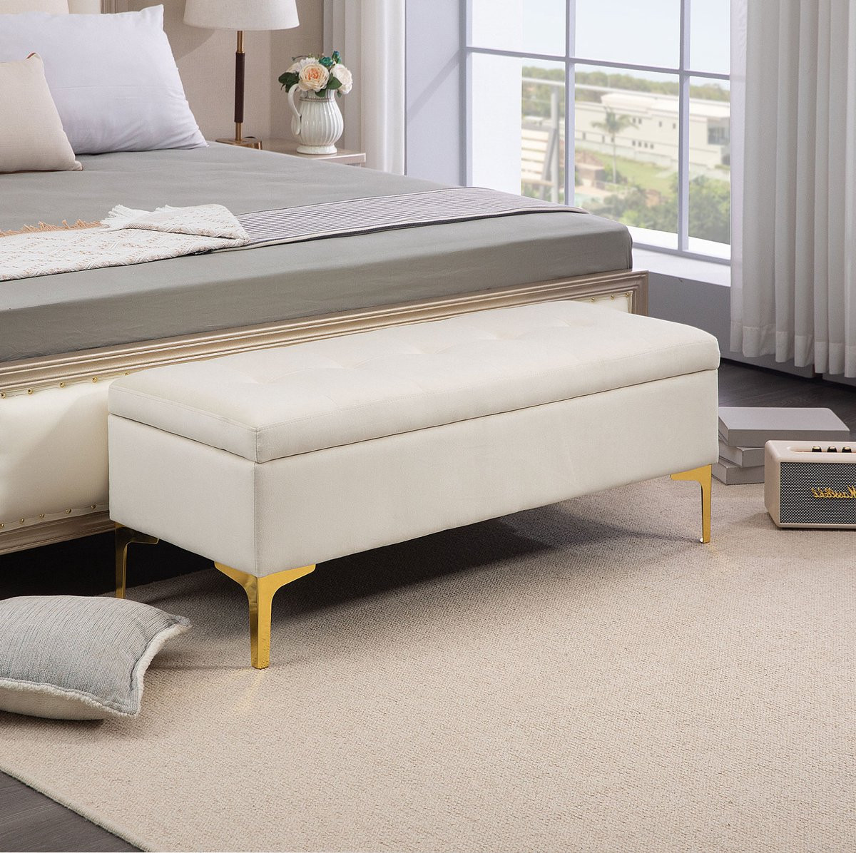 MEUNIQ Opbergbank met gecapitonneerde zitting en metalen poten, beige, 120 cm