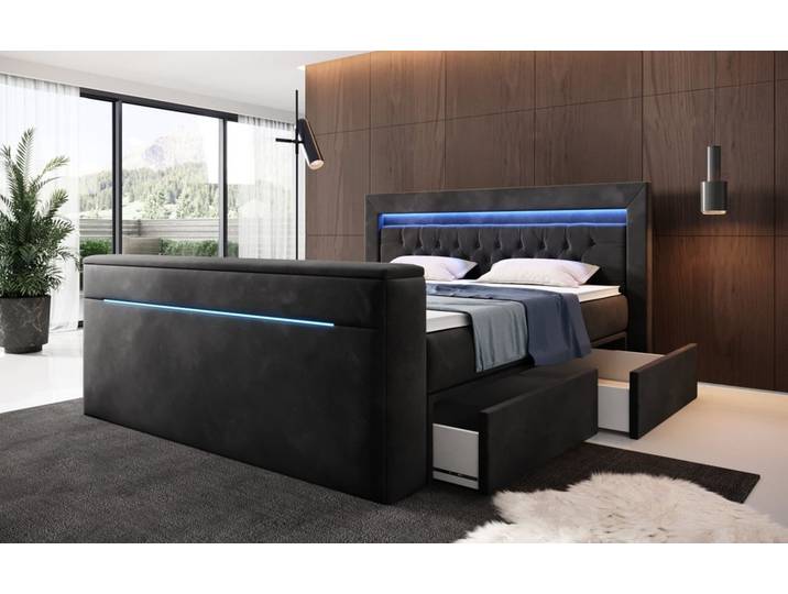 Boxspringbett Jupiter mit TV Lift, RGB und Stauraum - 200x200 - Schwarz - H4 (100kg+) - Luxusbetten24