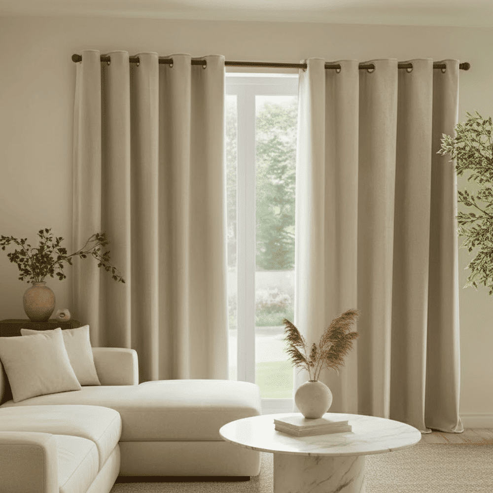 Elowise Beige Heavy Chenille Eyelet Curtain Pair, 117 x 183cm