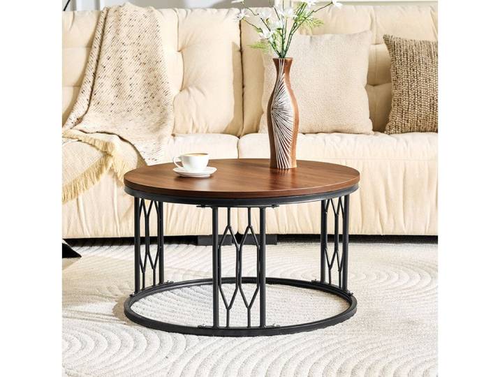 ROVRYN Table basse ronde 70 cm aspect bois MDF et métal design géométrique coloris walnut