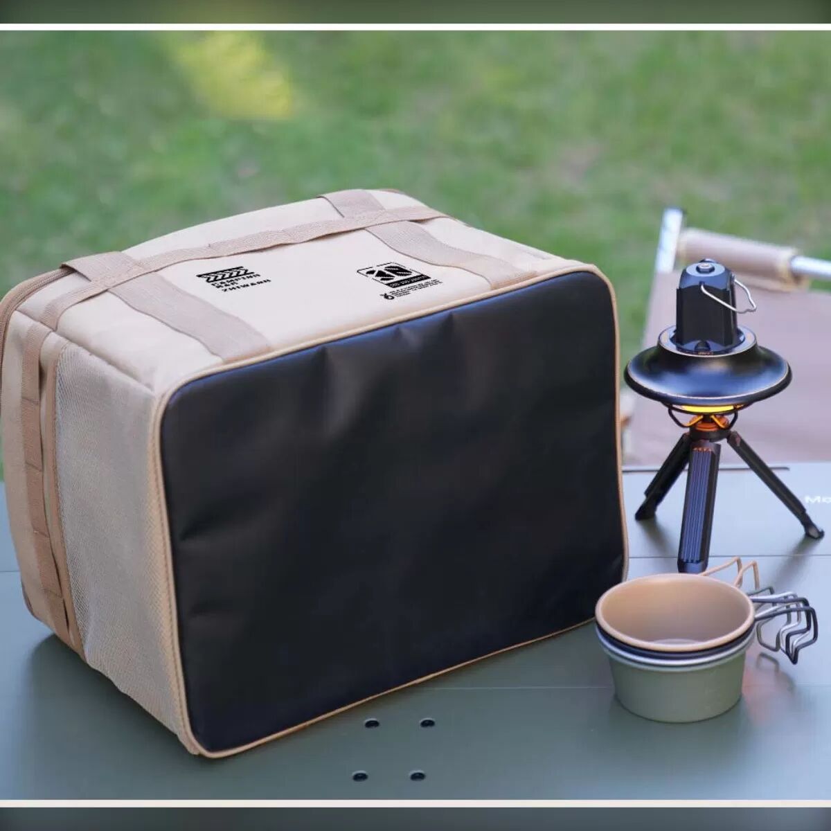 INF Großer 30L Tactical Storage Bag - Würfelförmiger Camping-Kochgeschirr- und Gaskartuschen-Organizer mit MOLLE, Khaki
