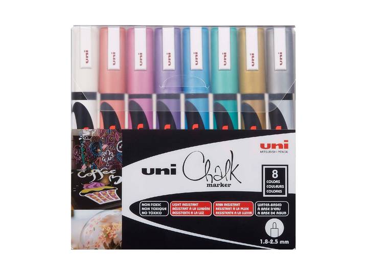 Kreidemarker Uni Uni CHALK 1.8-2.5 mm Metallic 8 Stk , bunt (mehrfarbig), Stifte, Kreidemarker