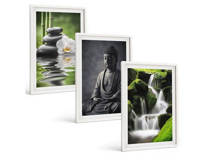 BILDER SET 3er Set - 40x60 cm Weißer Rahmen - Entspannende Zen-Wassermalerei