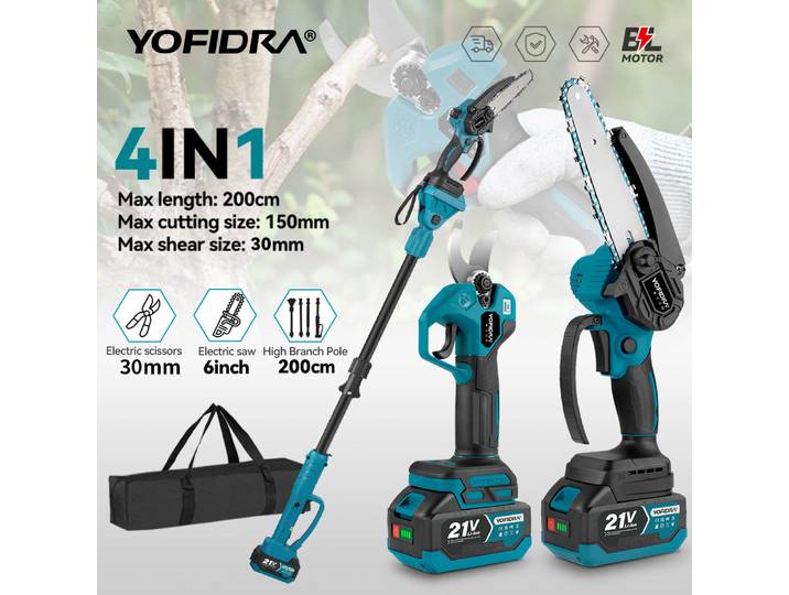 YOFIDRA Scie à chaîne électrique 4 en 1 sans balais avec perche télescopique, ciseaux de jardin, outil de taille d'arbres, outil électrique pour batterie Makita 21V 18V
