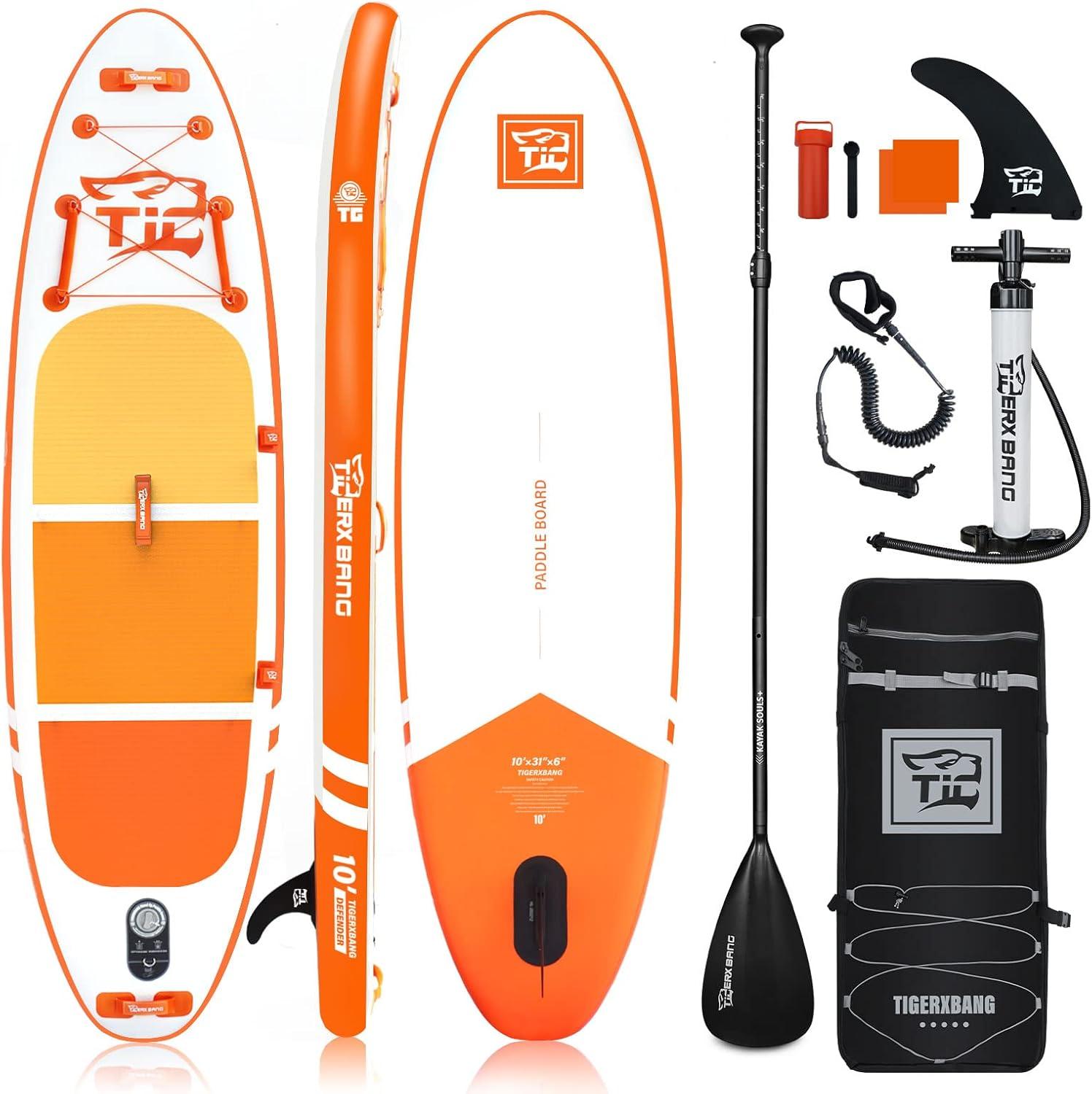 Aufblasbares Stand-Up-Paddleboard mit den Maßen 305 x 76 x 15 cm, ausgestattet mit einem Schnellverschlusssystem und inklusive Rucksack