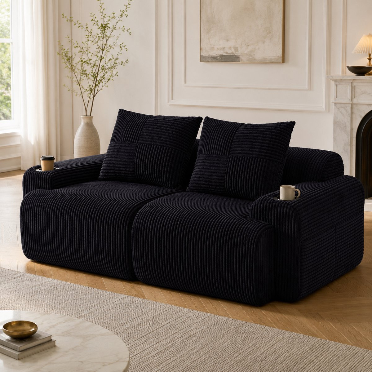 Zubaliya Modulaire Corduroy Bank 2-zits - Zwart - Inclusief Bekerhouder en Opbergtas