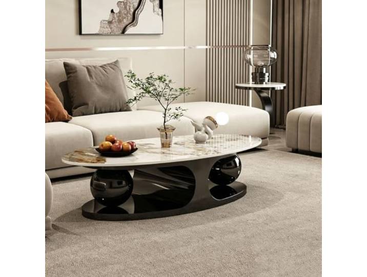 PLPLKTNNKK Couchtisch,ovaler Sofatisch mit Steinplatte und Carbonstahlrahmen,eleganter Wohnzimmertisch mit runden Metallkugeln,moderner Italienischer Stil,für Wohnzimmer und Wohnbereiche B
