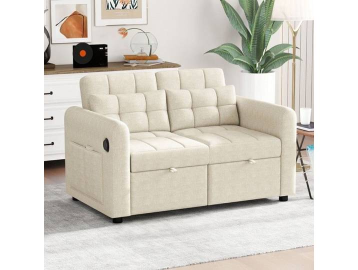 Canapé 2 places convertible 3 en 1 avec dossier réglable ports USB et rangements - Idéal salon et studio Beige (142×85×83cm)