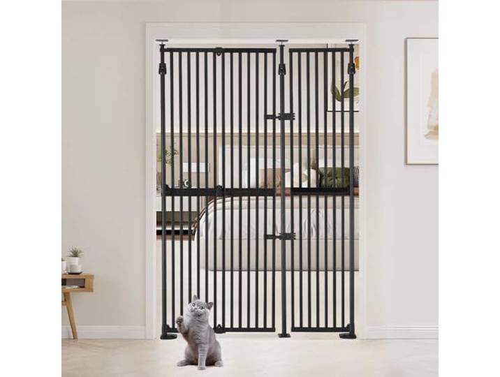 unipaws 190 cm extra hohes Katzengitter Tür, verstellbares Haustiertor mit engem Spalt, ausziehbar 190–250 cm H × 89–129 cm B, 3 Stützstangen & Doppelschloss, Treppenschutzgitter ohne Bohren (Schwarz)