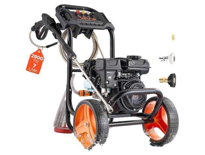 Nettoyeur haute pression à essence VEVOR 200 bars\, nettoyeur de terrasse 7 l/min\, pompe en aluminium avec pistolet pulvérisateur\, lance et 4 buses\, nettoyeur à essence pour voitures\, clôtures\, allées\, maisons\, terrasses et meubles de jardin