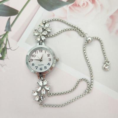 Fusion Finds Luxury Floral Rhinestone Watch For Women With Bracelet Quartz Watch Pull On Band silver