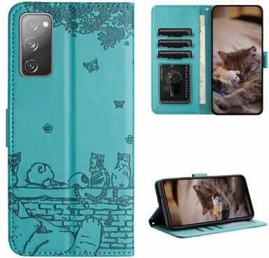 Inspired Deals Cute Cat Embossed Wallet Phone Case For Samsung Galaxy With Card Holder And Lanyard For Samsung Galaxy S20 FE blue