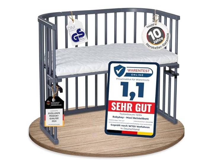 babybay Maxi Beistellbett, GS-geprüft, schiefergrau lackiert, mit Matratze Extra große Liegefläche, massive Buche, stufenlos höhenverstellbar, am Elternbett befestigt & mitwachsend