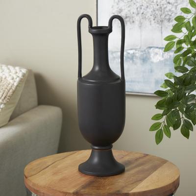 Arcilla Elemental - Black Ceramic Fluted Urn Shaped Decorative Vase with Arch Handles