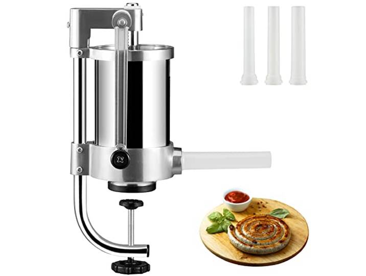 VEVOR Poussoir à Saucisses Manuel 1\,5 L Machine à Saucisses Verticale à Pince de Table Ensacheuse Saucisse en Inox Alimentaire 3 Tubes de Remplissage pour Churros Saucissons Restaurant Supermarché