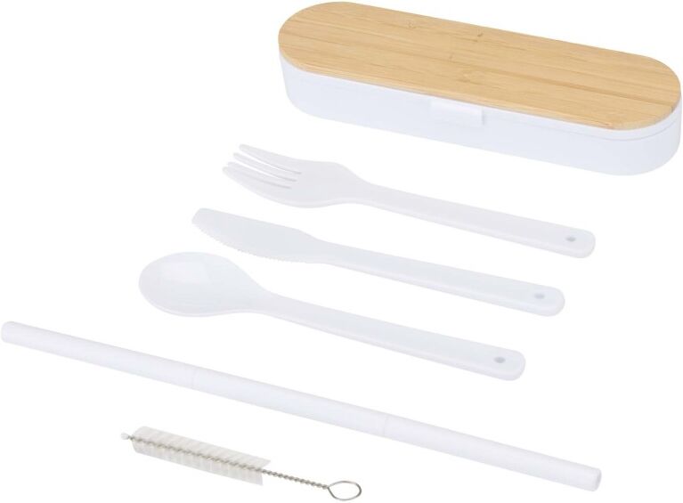 Ensemble de couverts personnalisable avec boîte bambou Runa blanc