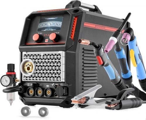 VEVOR 5-in-1 multifunctioneel lasapparaat en plasmasnijder, 50A contactloze plasma en 200A synergetische MIG/TIG/MMA lasser, 220V aluminium puls-MIG, zwart