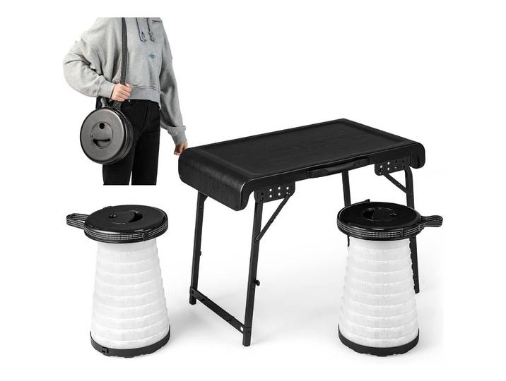 KLAPPTISCH mit 2 LED Teleskophockern Schwarz(3-teilig)