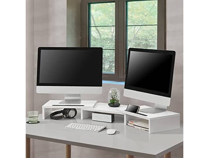 [en.casa] Monitorständer Vilppula Monitorerhöhung 79x27x10,5cm Bildschirmerhöhung mit Smartphone-Halter und Verstellbarer Länge Weiß