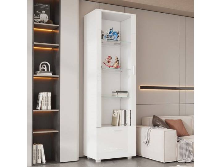 Vitrines blanches brillantes 50x40x160 Cm Blanc acrylique LED 3 étagères pour objets de collection parfums et bibliothèque