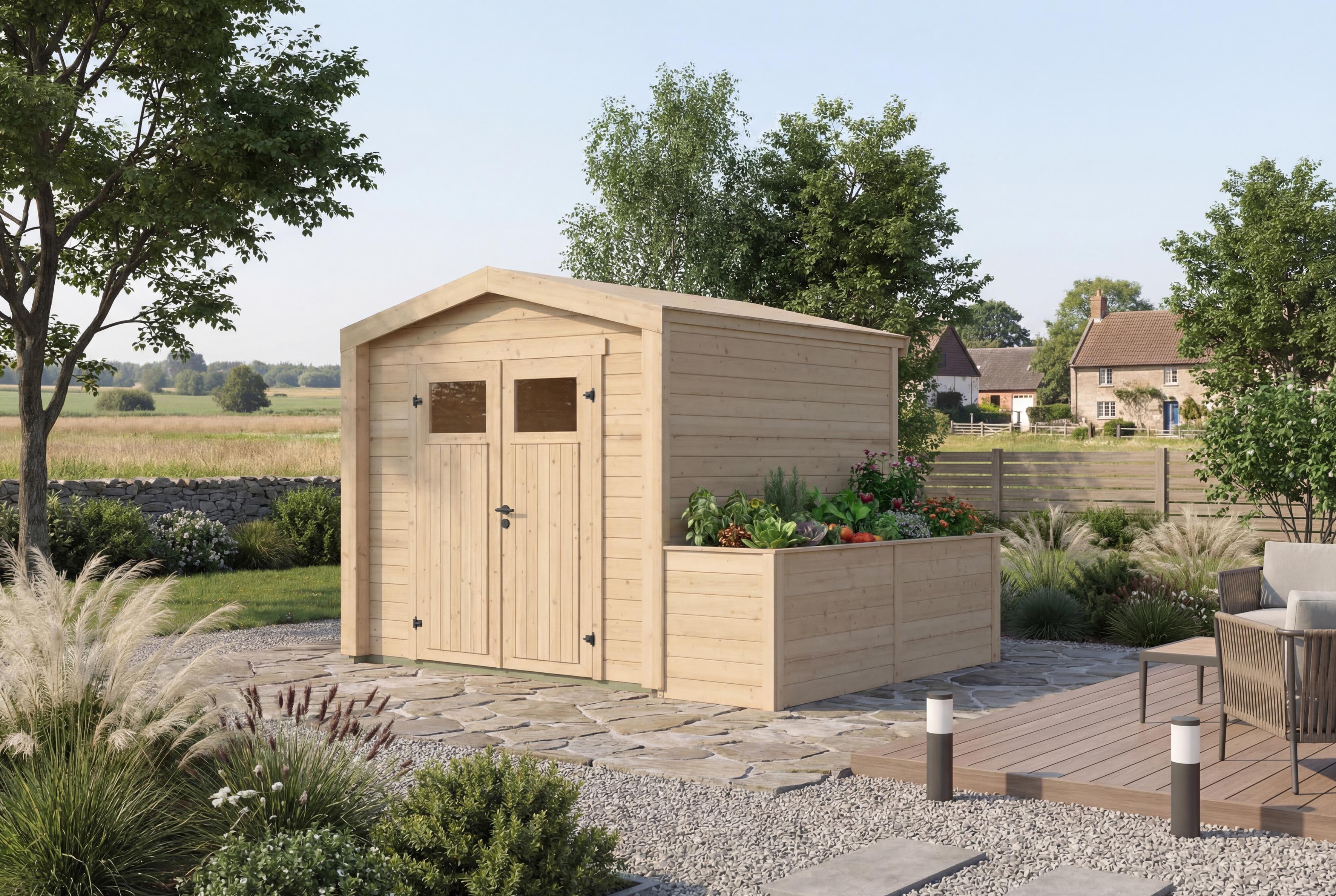 Gartenhaus Killarney, 235x235cm, Naturbelassen, 19mm, Hochbeet