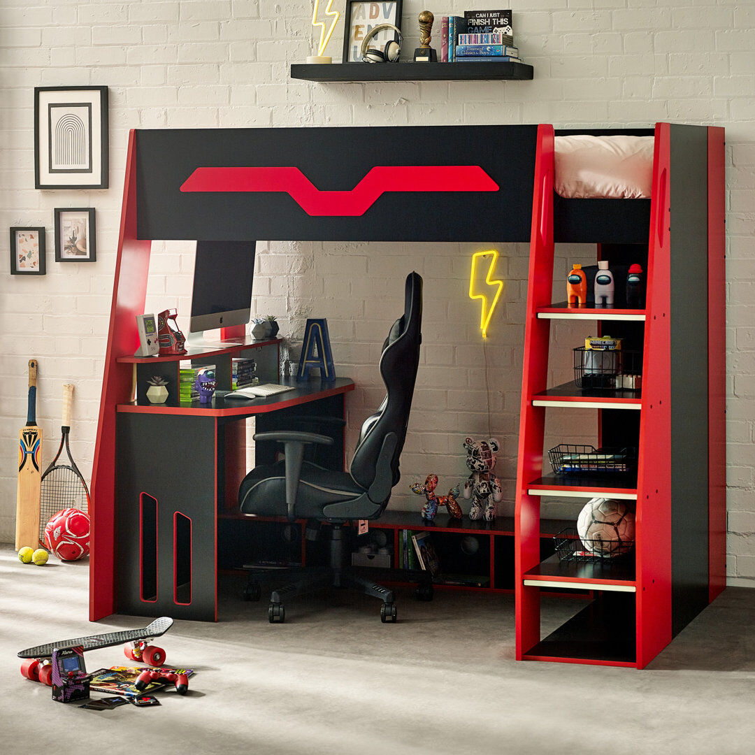 Isabelle & Max Eagle Single (3') Gaming Bed Bed Frame with Storage Included with Built-in Ladder Included with Desk Included Black